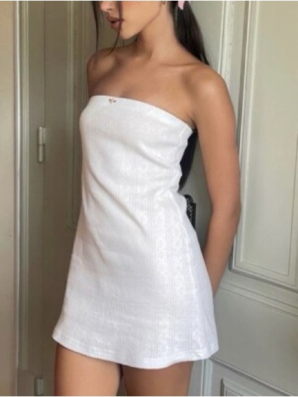 With Jean Frankie strapless mini tube top dress in white pointelle